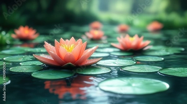 Fototapeta Serene pond with lily pads, captured from a close angle, highlighting the tranquility and beauty of nature 