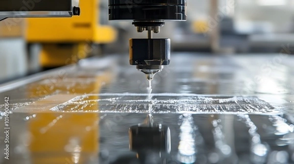 Obraz Precision cutting in a modern workshop using a CNC machine on a clear surface, showcasing advanced manufacturing techniques.
