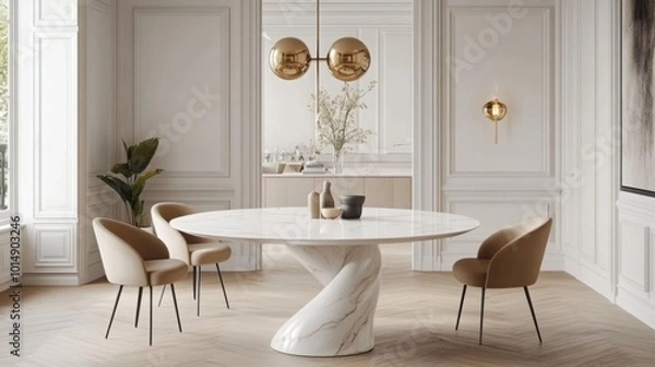 Obraz A modern dining space showcases a distinctive marble table surrounded by elegant chairs, illuminated by stylish hanging light fixtures. Large windows allow natural light to enhance the clean design.