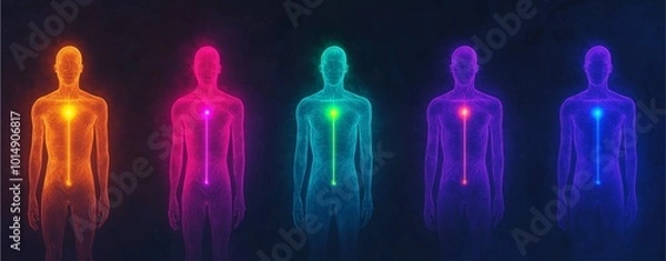Obraz Abstract silhouettes of human figures illuminated in vibrant colors, highlighting energy points along the bodies against a dark backdrop.
