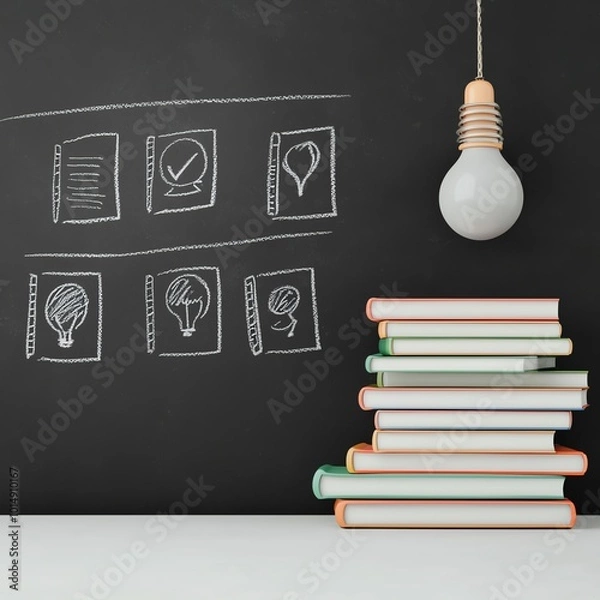 Fototapeta Light bulb above stack of books with sketches on a chalkboard background.
