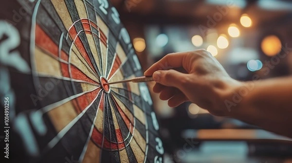 Obraz Player Aiming at Dartboard Target Precise Focus