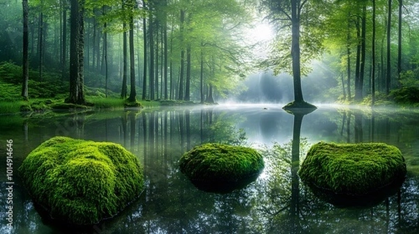 Fototapeta A lush green forest panorama with a serene lake reflects vibrant moss-covered rocks under dappled sunlight, highlighting nature's tranquility in vivid colors and soft glow.
