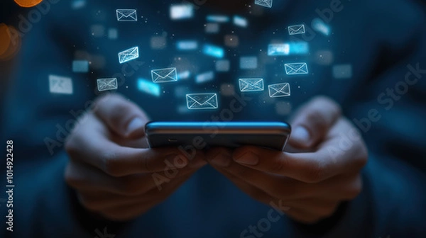 Fototapeta Mobile phone messages such as social media, emails, breaking news and pop-up messages bombard humans