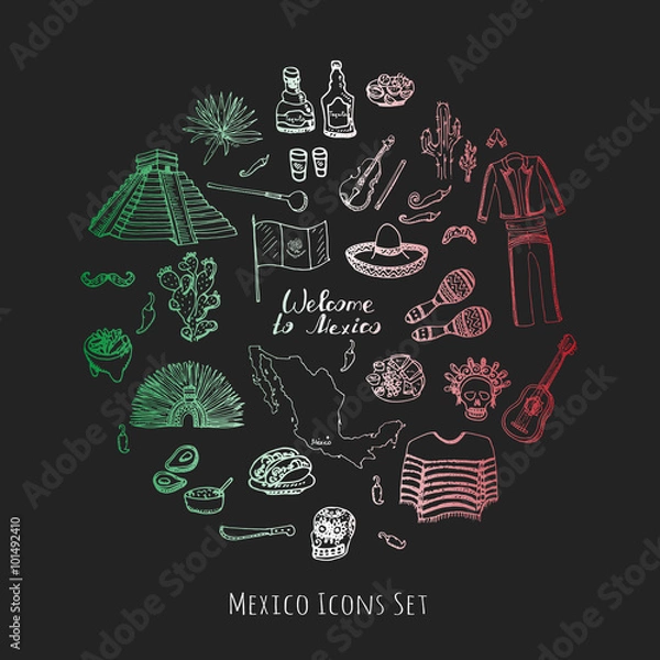 Fototapeta Hand drawn doodle Mexico set Vector illustration Sketchy mexican food icons United Mexican States elements Flag Maracas Sombrero Viva Mexico Maya Pyramid Aztec Tequila Agave Mariachi Poncho Guacamole