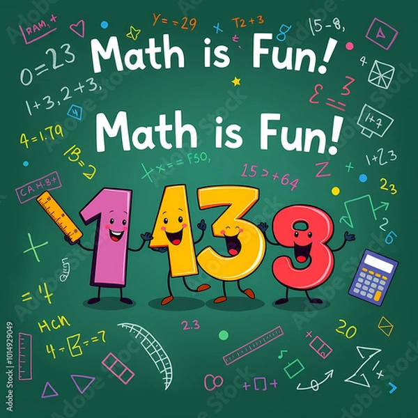 Obraz Math number colorful on white chalkboard, education study mathematics learning teach.