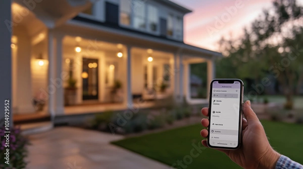 Fototapeta Outdoor Security Camera Detects Movement, Homeowner Receives Real-Time Alert on Phone for Smart Home Protection