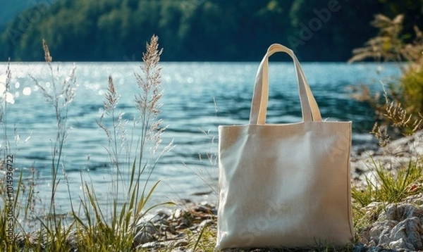 Fototapeta A white cotton tote bag sits on the pebbled shore of a lake, with a blurred background of trees and water.