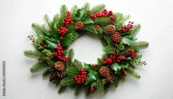 Obraz Christmas wreath with pinecones and red berries on white isolated background