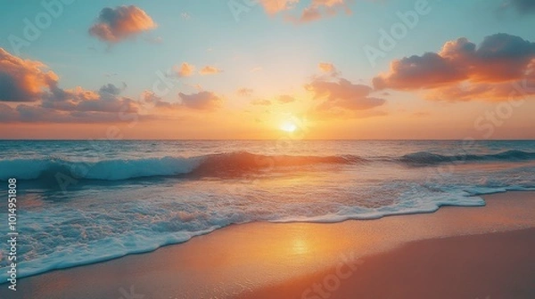Fototapeta Oil ink artwork of a peaceful beach scene at sunset with soft pinks and blues blending into the sky captured from a high-angle to emphasize the horizon and the gentle waves 