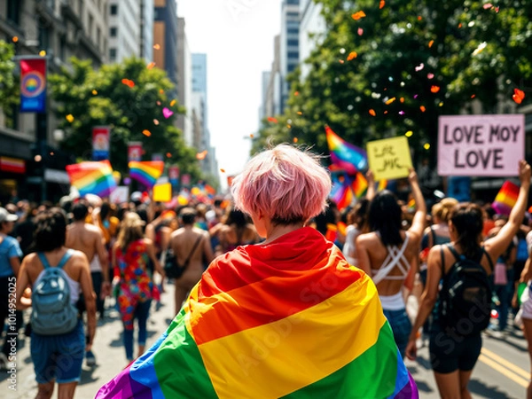 Obraz Person with pink hair wrapped in rainbow flag at LGBTQ pride parade with colorful crowd
