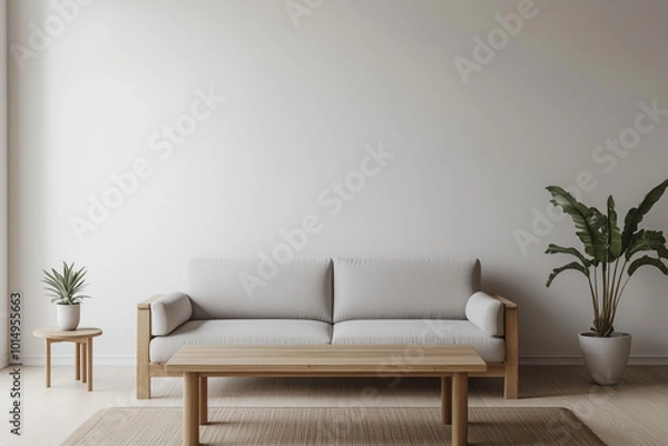 Fototapeta Minimalist living room with a simple wooden sofa and potted plants, creating a calm and natural interior design. Clean, airy, and peaceful space emphasizing simplicity and natural elements