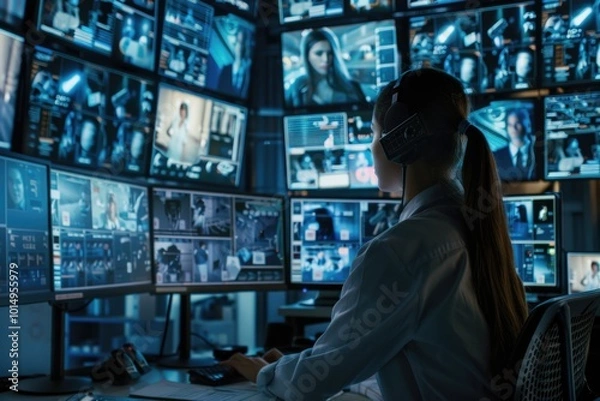 Fototapeta A person sitting at a desk with multiple monitors and typing away