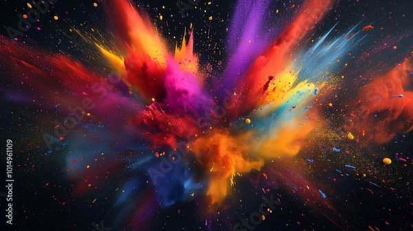 Fototapeta Dark background with a vibrant explosion of colorful powder, creating a dynamic abstract. Clouds of colorful sand and colored powder exploding.
