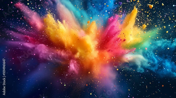 Fototapeta Dark background with a vibrant explosion of colorful powder, creating a dynamic abstract. Clouds of colorful sand and colored powder exploding.