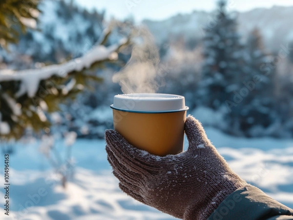 Fototapeta 冬景色とコーヒーカップを持つ手