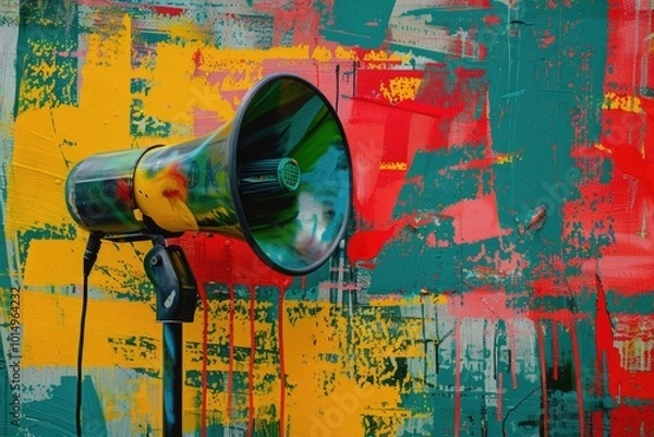 Obraz A megaphone on a stand in front of a colorful wall, perfect for events and gatherings