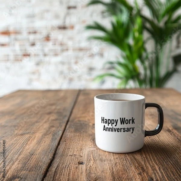 Obraz White mug with 'Happy Work Anniversary' text on a wooden table, greenery in the background.