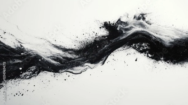 Fototapeta Abstract black and white ink splatter on a canvas, viewed from a slight angle to show the dynamic movement of the splashes 