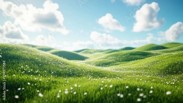 Fototapeta A vibrant green meadow with rolling hills, dotted with white flowers, under a clear blue sky with fluffy clouds.