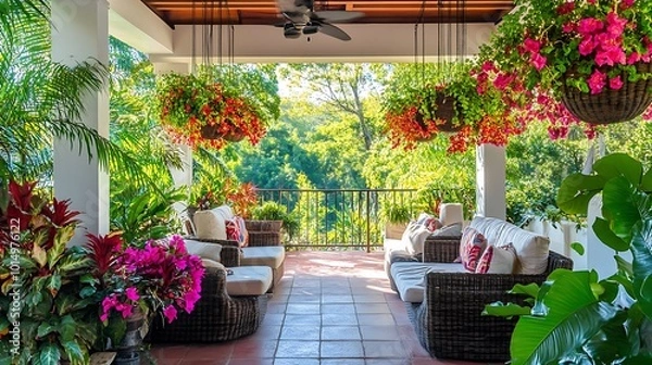 Fototapeta A covered outdoor terrace with hanging planters filled with vibrant tropical flowers, creating a colorful and relaxing space to enjoy the garden view in a tropical setting
