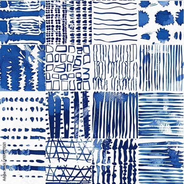 Fototapeta Modern blue white irregular beach patched shape mix for summer doodle beachwear design. Coastal mariner background for seaside living style in repeatable tile.