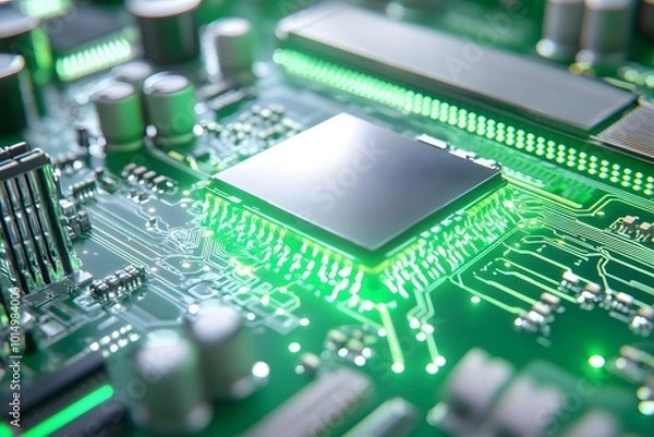 Fototapeta A close-up of the green light on a graphics card's interior, showing detailed circuitry and components
