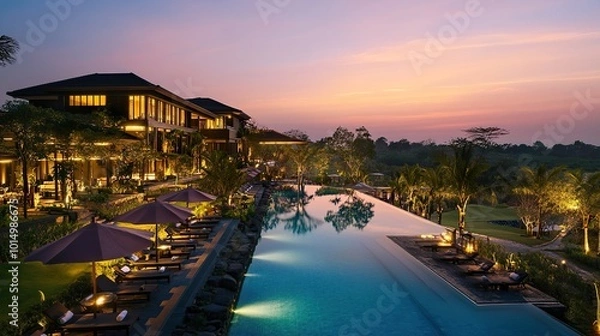 Fototapeta A resort hotel with premium amenities including an infinity pool, golf course, and on-site adventure activities
