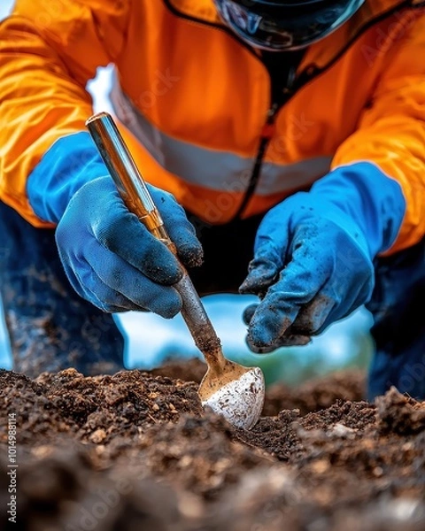 Obraz Geotechnical Engineer Analyzing Soil Samples Outdoors