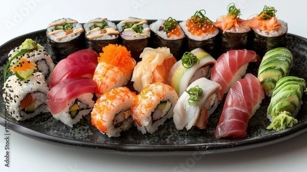 Obraz Artful display of sushi types including dragon rolls, avocado maki, and eel nigiri on a modern black plate, set against a bright white backdrop