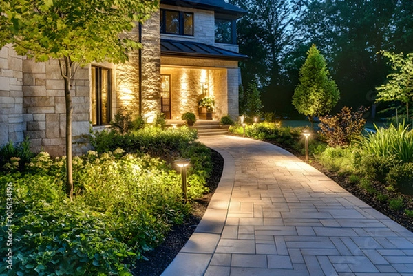 Fototapeta Stone Pathway Leading to House with Landscape Lighting at Dusk Photo