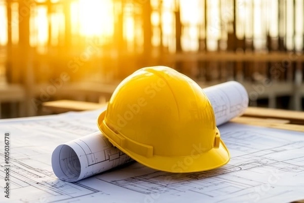 Fototapeta Yellow construction helmet with blueprints at a construction site