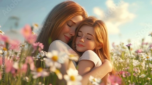 Fototapeta A Mother and Daughter Embracing in a Field of Flowers 3d animation
