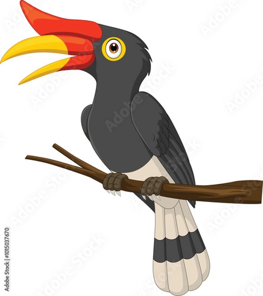 Fototapeta Illustration of cartoon hornbill on the branch