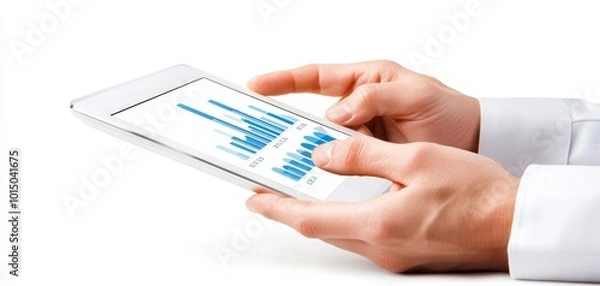 Fototapeta Hands holding a tablet displaying a bar graph analysis on a white isolated background.