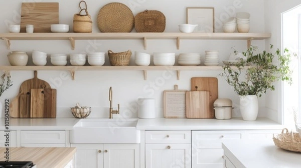Fototapeta The kitchen displays a bright and open layout, featuring wooden shelves adorned with various ceramics and woven baskets