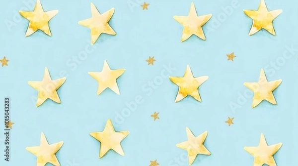 Fototapeta Pattern of yellow stars on a soft blue background, creating a whimsical, dreamy aesthetic. Perfect for design projects and creative concepts.