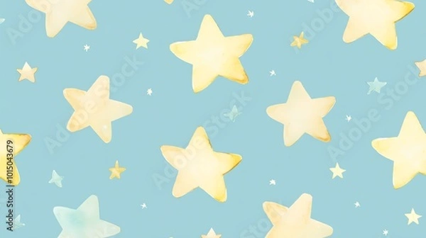 Fototapeta Seamless star pattern with golden stars on a light blue background. Perfect for children's room decor and whimsical designs.