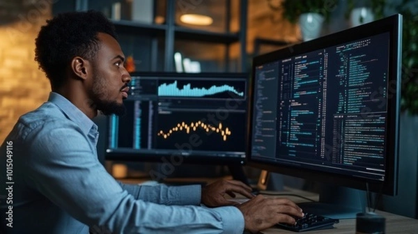 Fototapeta A business intelligence expert reviewing AI-powered predictive models in a real-time data dashboard, focusing on future trends and insights