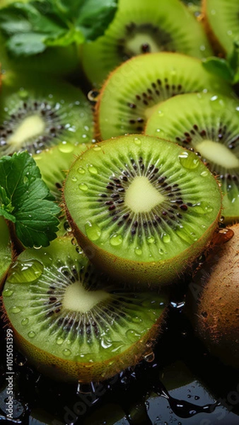 Fototapeta Kiwi and water drop on black background