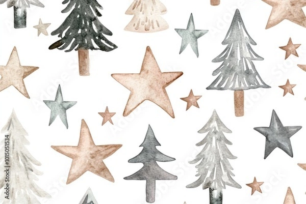 Fototapeta Watercolor seamless pattern with Christmas trees and stars. Festive holiday design with soft colors and whimsical elements for seasonal decor.