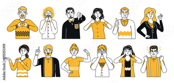 Fototapeta Collection Of Colorful Doodle Characters Showcasing A Range Of Emotions And Gestures, Including Happiness, Sadness