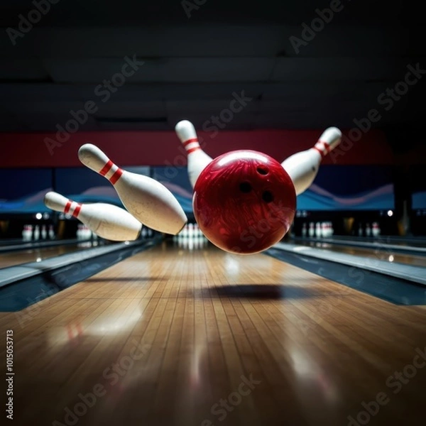 Obraz A bowling ball strike with falling pins is illustrated.