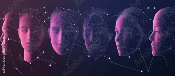 Fototapeta Abstract 3d camera scanning faces. Polygonal face recognition system, biometric scanning,