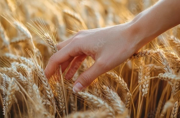 Fototapeta Close-up of a hand gently touching golden wheat in a field during a sunny day, highlighting agriculture and the connection with nature
