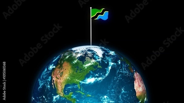 Obraz 3d rotated planet earth on flying Tanzania flag, earth globe with flag