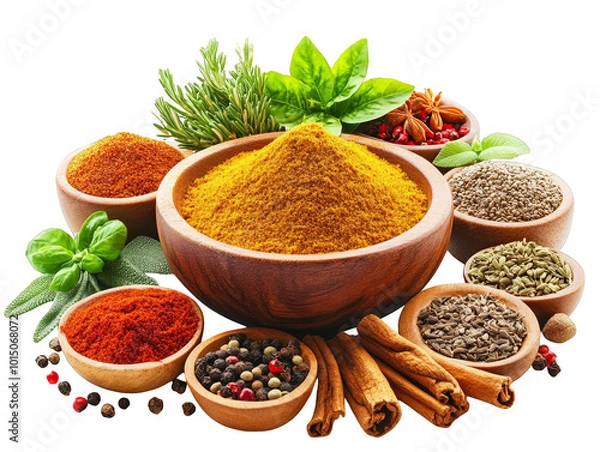 Obraz Spices  Herbs  and Seasonings in Wooden Bowls