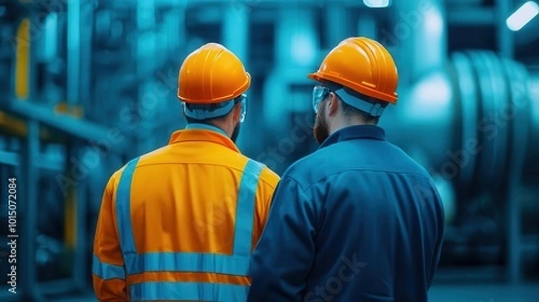 Fototapeta Engineers in a chemical plant, analyzing data from large machinery, industrial processes