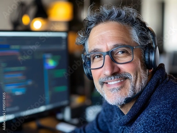 Obraz Smiling middle-aged man with headset working on computer in modern office