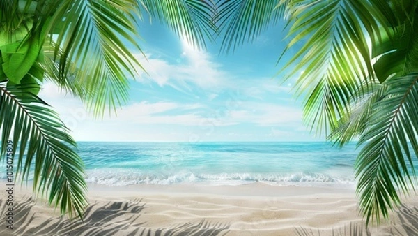 Fototapeta Palm Leaves Frame Tropical Beach Scene with Blue Sky and Ocean